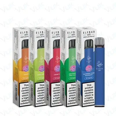 Pack of five Elf Bar 600 Prefilled Pod Kits with assorted 20mg nicotine salt flavors, reusable 500mAh battery, mesh coil technology, USB-C charging, and inhale-activated mouth-to-lung vaping design.