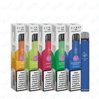Pack of five Elf Bar 600 Prefilled Pod Kits with assorted 20mg nicotine salt flavors, reusable 500mAh battery, mesh coil technology, USB-C charging, and inhale-activated mouth-to-lung vaping design.