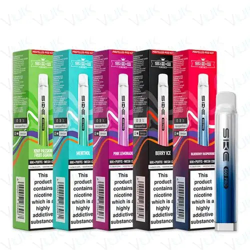 SKE Crystal Bar 600 Pro prefilled vape pods in assorted flavors with 600 puffs and mesh coil technology
