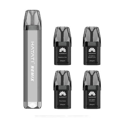 Hayati Remix 2400 reusable vape with 4 prefilled flavored pods and advanced mesh coil technology.