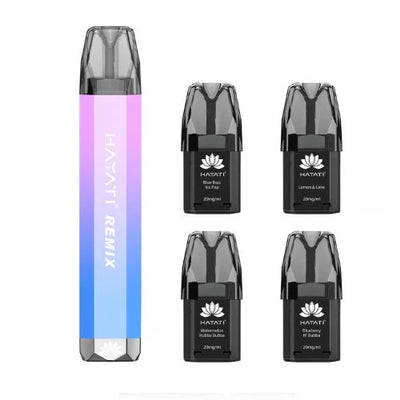 Hayati Remix 2400 reusable vape kit with 4 prefilled flavored pods and 2400 puffs capacity