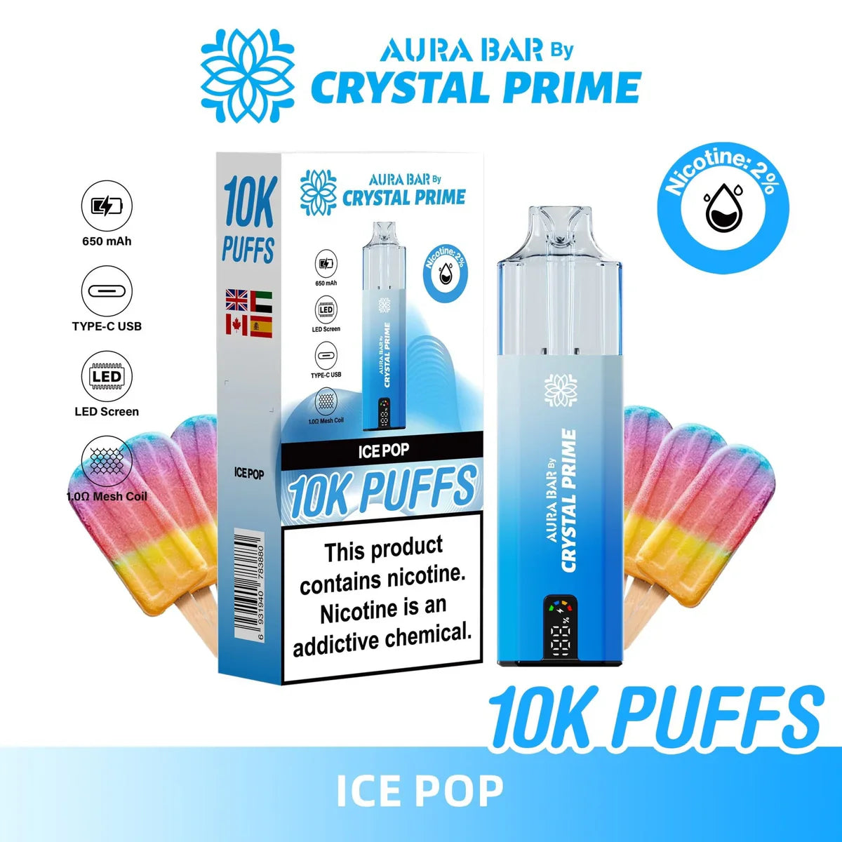 Crystal Prime 10000 Puffs reusable vape in Ice Pop flavor with 650mAh battery and LED screen, nicotine 2%