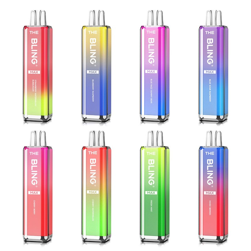 Set of eight colorful Crystal Bling Max disposable vape devices with sleek gradient designs and pre-filled pods.