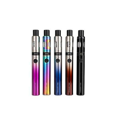 Collection of Innokin Endura T18E adjustable MTL vape pens in multiple colors with built-in batteries and visible e-liquid tanks.