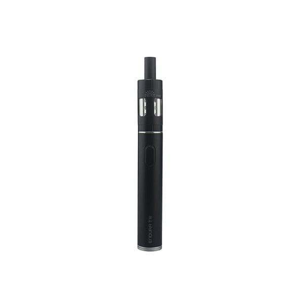 Black Innokin Endura T18E Kit vape pen with 2ml stainless steel and pyrex glass tank, 1000mAh battery, and micro-USB charging port