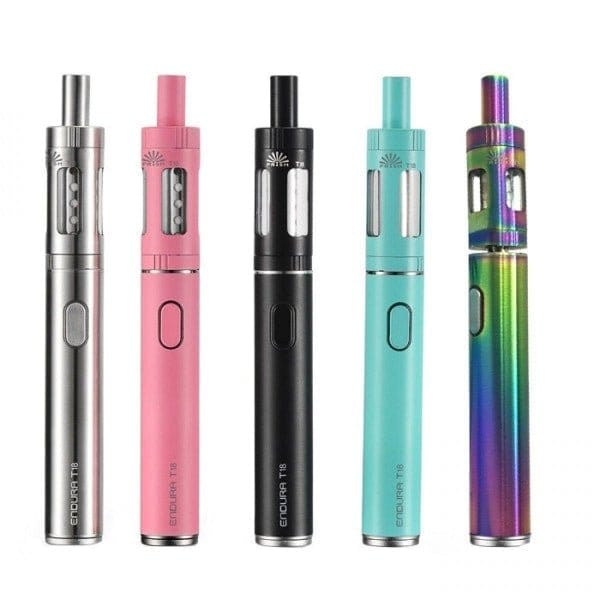 Five Innokin Endura T18E Kit vape pens in silver, pink, black, teal, and rainbow colors with stainless steel and pyrex glass tanks.