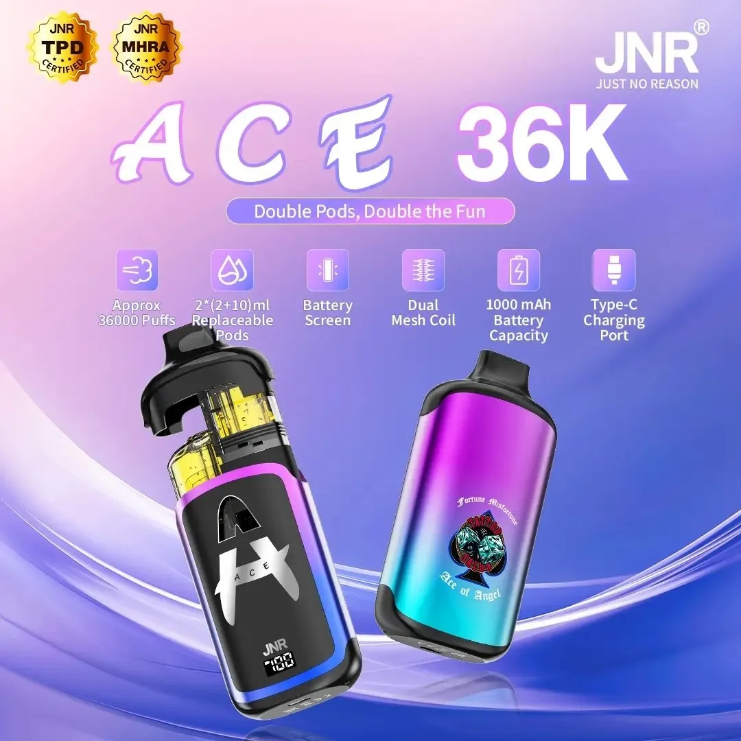 JNR Ace Prefilled Vape Kit with dual pods, 36000 puffs, 1000mAh battery, dual mesh coil, and USB Type-C charging port in purple and blue gradient design.