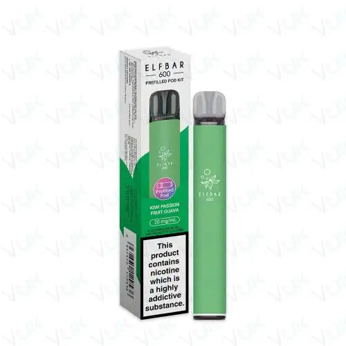 Elf Bar 600 Prefilled Pod Kit in kiwi passion fruit guava flavor with 20mg nicotine salt and reusable vape design