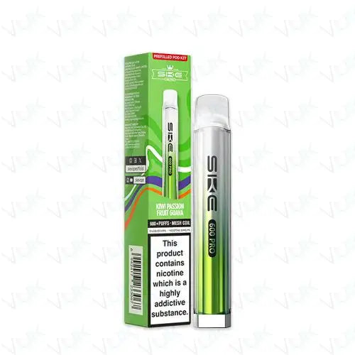 SKE Crystal Bar 600 Pro prefilled pod kit with 400mAh battery and Kiwi Passion Fruit Guava flavor in green packaging