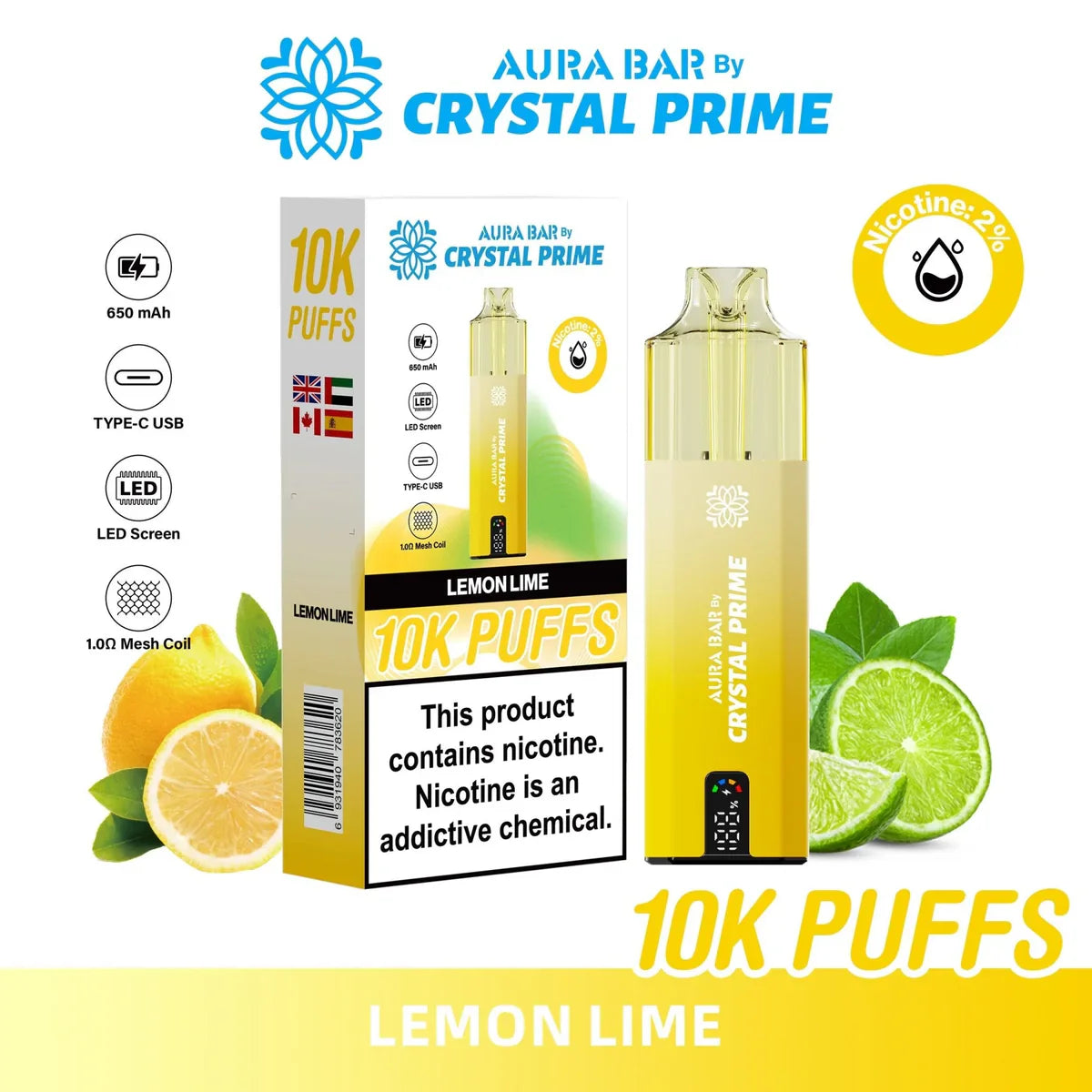 Crystal Prime 10000 Puffs reusable vape in lemon lime flavor with 650mAh battery, LED screen, and Type-C USB charging.