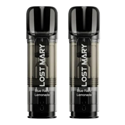 Two Lost Mary Tappo prefilled pods in Blue Razz Lemonade flavor with black mouthpieces and transparent bodies showing internal mesh coil design