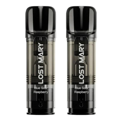 Two Lost Mary Tappo Pods in Blue Sour Raspberry flavor featuring black and transparent design with white branding text.