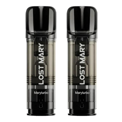 Two Lost Mary Tappo prefilled vaping pods with 2% nicotine, featuring Maryturbo flavor and clear black design.