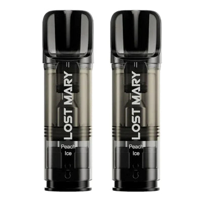 Lost Mary Tappo Pods Peach Ice flavor prefilled vaping pods with QUAQ mesh coils, 2ml capacity, 2% nicotine, 600 puffs each.