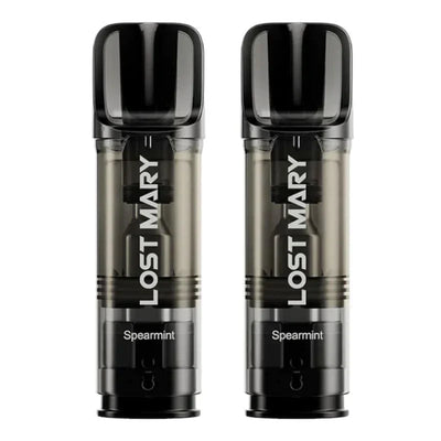 Two Lost Mary Tappo Spearmint prefilled vaping pods with 2% nicotine and QUAQ mesh coil technology.