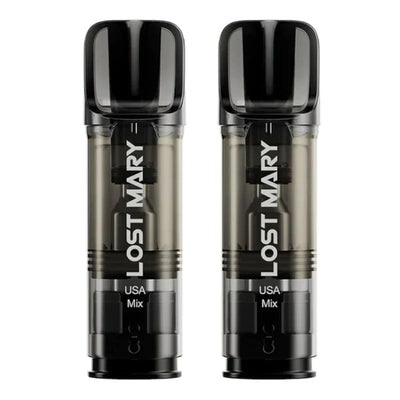 Two Lost Mary Tappo prefilled pods with USA Mix flavor, black and transparent design, 2ml e-liquid capacity, compatible with Lost Mary Tappo Pod Kit.