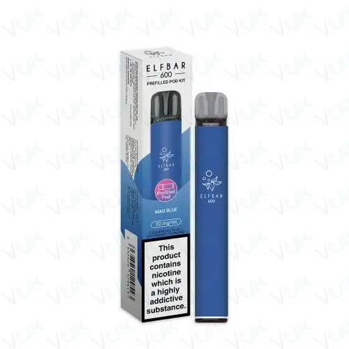 Elfbar 600 Prefilled Pod Kit in blue with 20mg nicotine salt e-liquid, featuring a 500mAh battery and USB-C charging, shown with packaging
