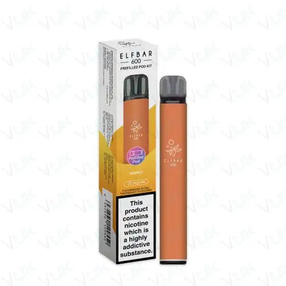Elf Bar 600 Prefilled Pod Kit with 500mAh battery and 2ml mango flavored nicotine salt pod in orange reusable vape device