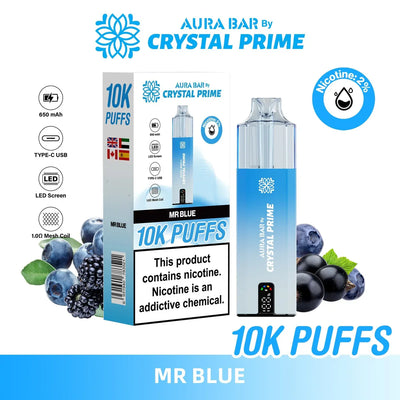 Crystal Prime 10000 Puffs reusable vape in Mr Blue flavor with 650mAh, Type-C USB, LED screen, and 2% nicotine.