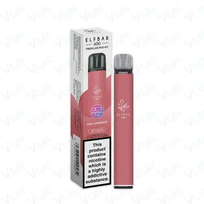Elfbar 600 prefilled pod kit in pink lemonade flavor with 500mAh battery and 2ml nicotine salt e-liquid pack of 5