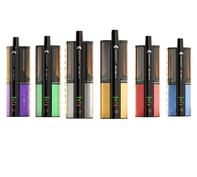 Row of electronic devices multiple colours with visible brand name vapevibesuk on a white background