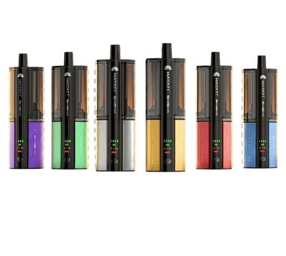 Row of electronic devices multiple colours with visible brand name vapevibesuk on a white background