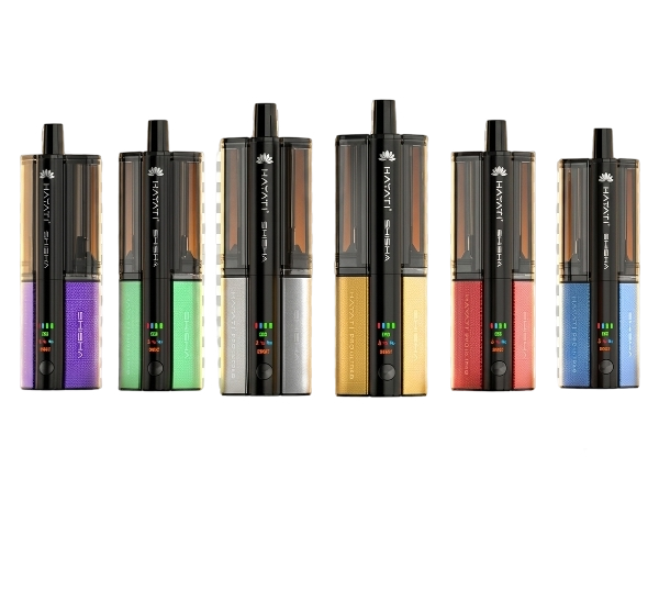 Row of electronic devices multiple colours with visible brand name vapevibesuk on a white background
