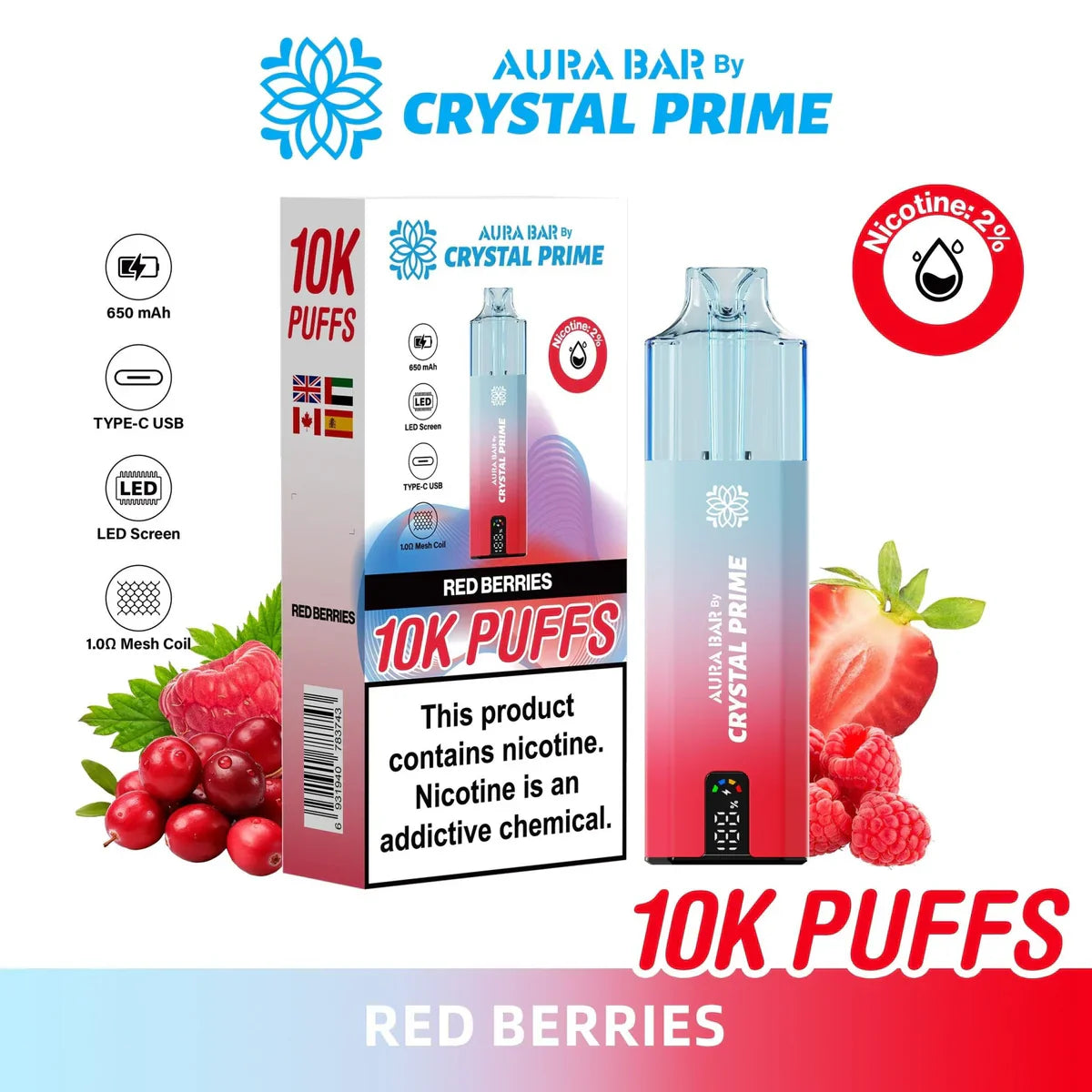 Crystal Prime 10000 Puffs reusable vape in red berries flavor with 650mAh battery, Type-C USB, LED screen, and 1.0Ω mesh coil.