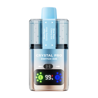 Crystal Pro Switch 30K prefilled vape kit with dual tanks, HD display, and 30,000 puffs capacity in sleek blue design