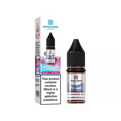 Crystal Prime Nic Salt 10ml e-liquid bottle and packaging with blueberry cherry cranberry flavor and 20mg nicotine strength.