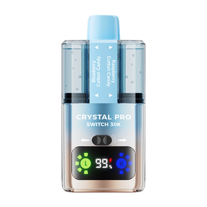 Crystal Pro Switch 30K prefilled vape kit with dual tanks, HD display, and 30,000 puffs capacity in blue and silver design