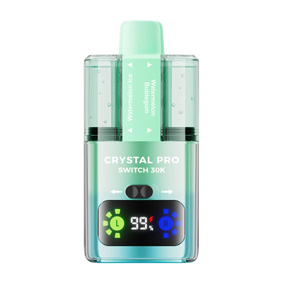 Crystal Pro Switch 30K prefilled vape kit with dual e-liquid tanks, HD display, and 30,000 puffs capacity in Watermelon Ice and Bubblegum flavors.