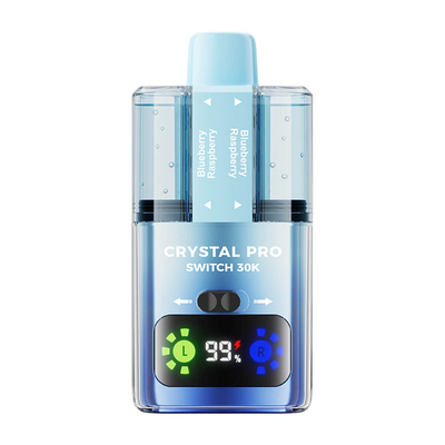 Crystal Pro Switch 30K prefilled vape kit with dual tanks, HD display, and 30,000 puffs capacity in blue transparent design