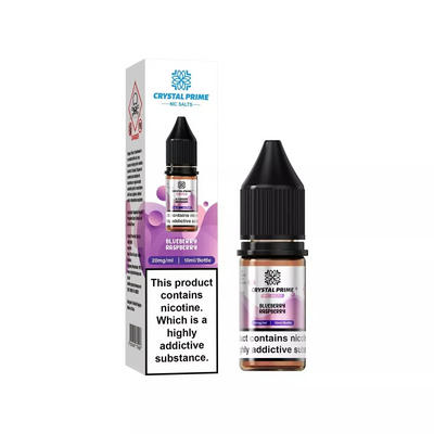 Crystal Prime Nic Salt 10ml e-liquid bottle and box with blueberry raspberry flavor and 10mg/20mg nicotine strength.