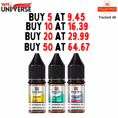 Crystal Prime Nic Salt 10ml e-liquid bottles with 10mg and 20mg nicotine strengths in various flavors for pod systems