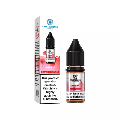 Crystal Prime Nic Salt Cherry Ice 10ml e-liquid bottle and packaging with nicotine addiction warning label