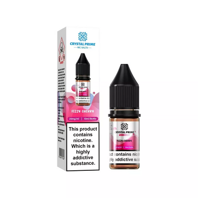 Crystal Prime Nic Salt 10ml e-liquid bottle and packaging with fizzy cherry flavor, 20mg nicotine strength, smooth vape, 50/50 PG/VG ratio, suitable for pod systems.