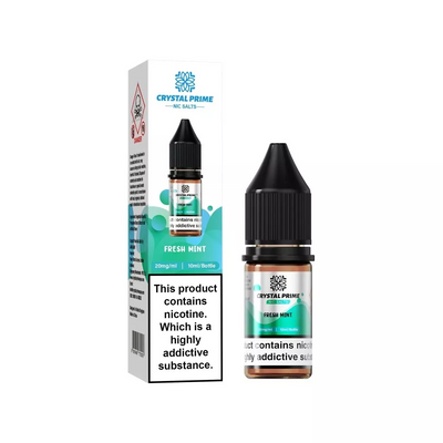 Crystal Prime Nic Salt Fresh Mint 10ml e-liquid bottle and box with 20mg nicotine warning label
