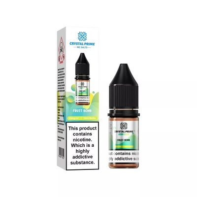 Crystal Prime Nic Salt 10ml E-liquid bottle and box with Fruit Bomb flavor and nicotine warnings