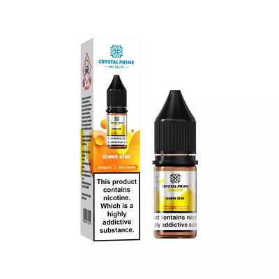 Crystal Prime Nic Salt Gummy Bear 10ml e-liquid bottle and packaging with 20mg nicotine and addiction warning label