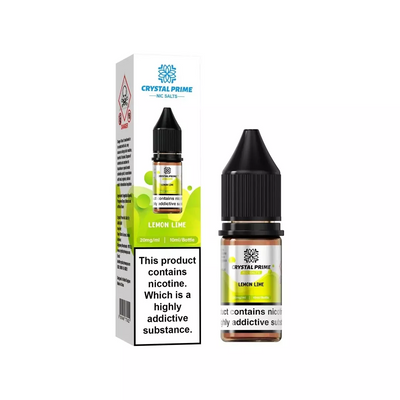 Crystal Prime Nic Salt Lemon Lime 10ml e-liquid bottle and packaging with 20mg nicotine warning label.
