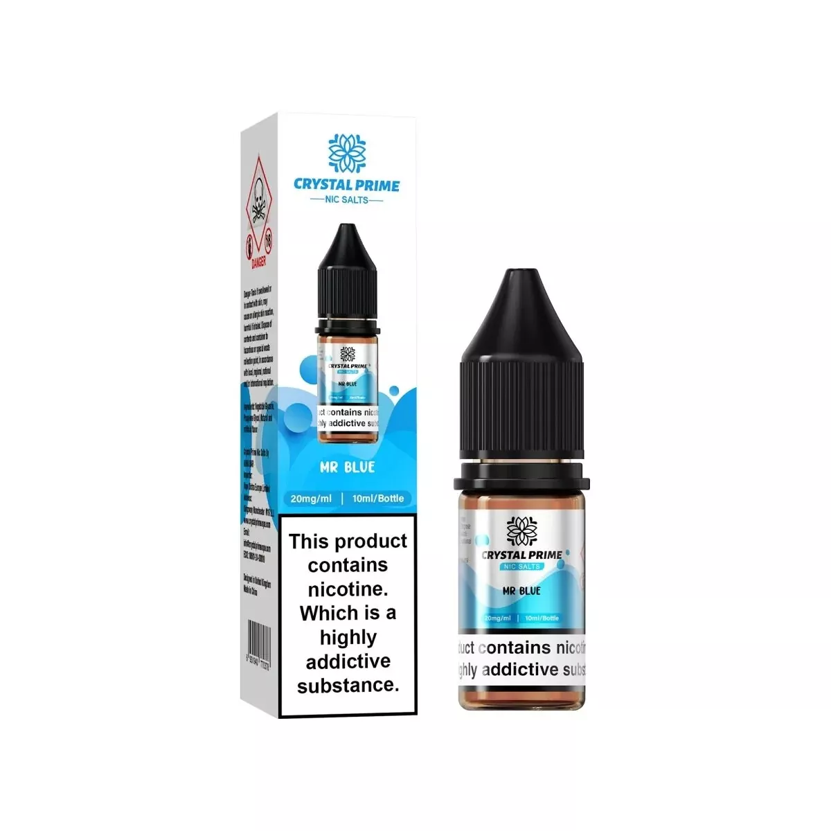 Crystal Prime Nic Salt 10ml e-liquid bottle and packaging with 20mg nicotine, Mr Blue flavor, 50/50 PG/VG ratio, designed for smooth vaping and pod systems.