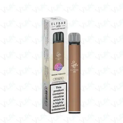Elf Bar 600 Prefilled Pod Kit in Snow Tobacco flavor with 20mg nicotine salt and USB-C charging pack of 5