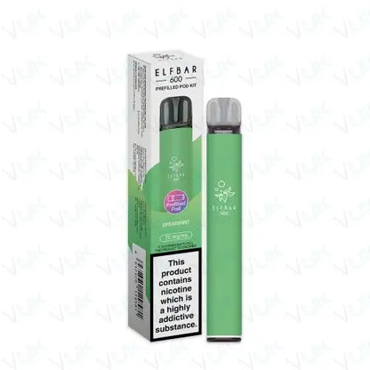 Elf Bar 600 Prefilled Pod Kit spearmint flavor with 500mAh battery and 2ml 20mg nicotine salt prefilled pod in green compact vape device pack of 5