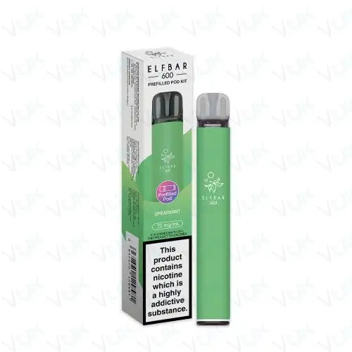 Elf Bar 600 Prefilled Pod Kit spearmint flavor with 500mAh battery and 2ml 20mg nicotine salt prefilled pod in green compact vape device pack of 5