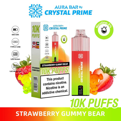 Crystal Prime 10000 Puffs Strawberry Gummy Bear reusable vape with LED screen and USB charging, 2% nicotine, box of 5