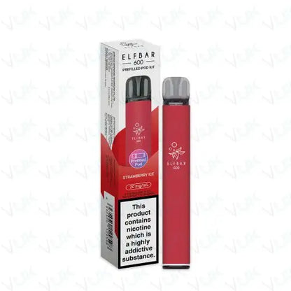 Elf Bar 600 Prefilled Pod Kit with 2ml strawberry ice nicotine salt pod and 500mAh battery pack of 5 for smooth MTL vaping