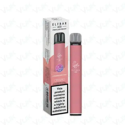 Elf Bar 600 Prefilled Pod Kit in pink with strawberry kiwi flavor, reusable vape device with 500mAh battery and 2ml prefilled pod, pack of 5