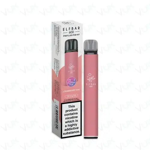 Elf Bar 600 Prefilled Pod Kit in pink with strawberry kiwi flavor, reusable vape device with 500mAh battery and 2ml prefilled pod, pack of 5