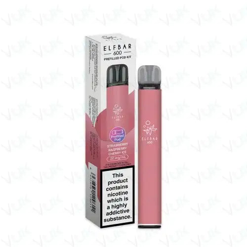 Pink Elf Bar 600 Prefilled Pod Kit with strawberry raspberry cherry ice flavor and packaging displaying nicotine warning